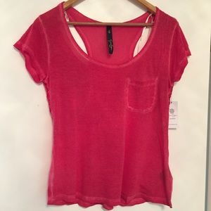 Flowy pink racer back/ lace cap sleeve shirt